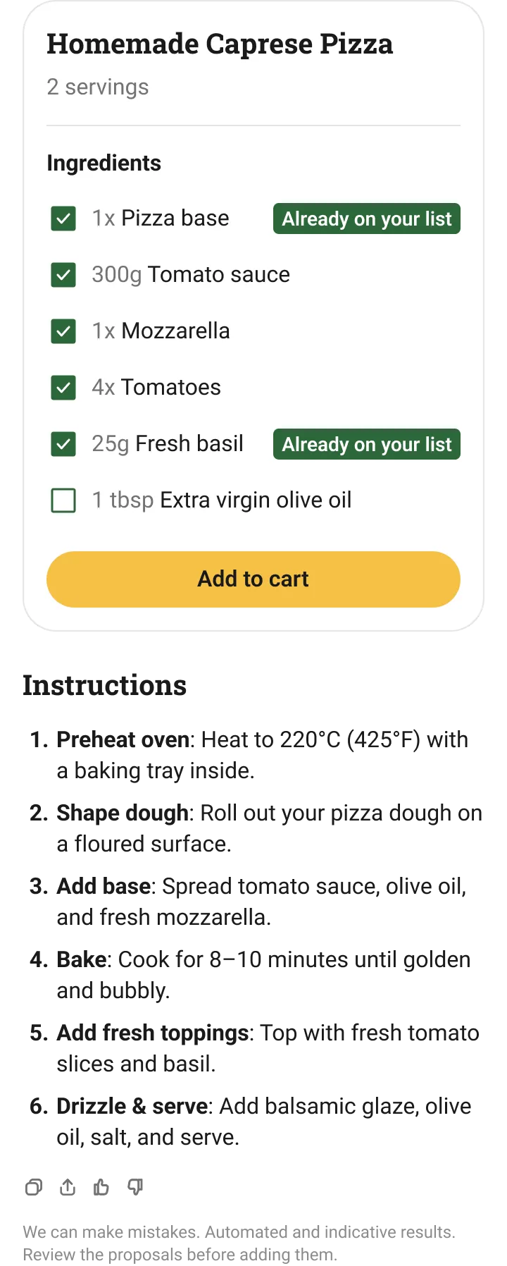The app’s chat with a recipe: homemade caprese pizza, for 2 servings. Ingredients: 1 pizza base and 25 g of fresh basil, both already on the list, 300 g of tomato sauce, 1 mozzarella and 4 tomatoes, all ticked, and 1 tablespoon of extra virgin olive oil, not ticked, with a button to add them to the cart. Instructions: preheat the oven to 220 °C (425 °F) with a baking tray inside; roll out the dough on a floured surface; spread the tomato sauce, olive oil and fresh mozzarella; bake for 8 to 10 minutes until golden and bubbly; top with fresh tomato slices and basil; add balsamic glaze, olive oil and salt, and serve.